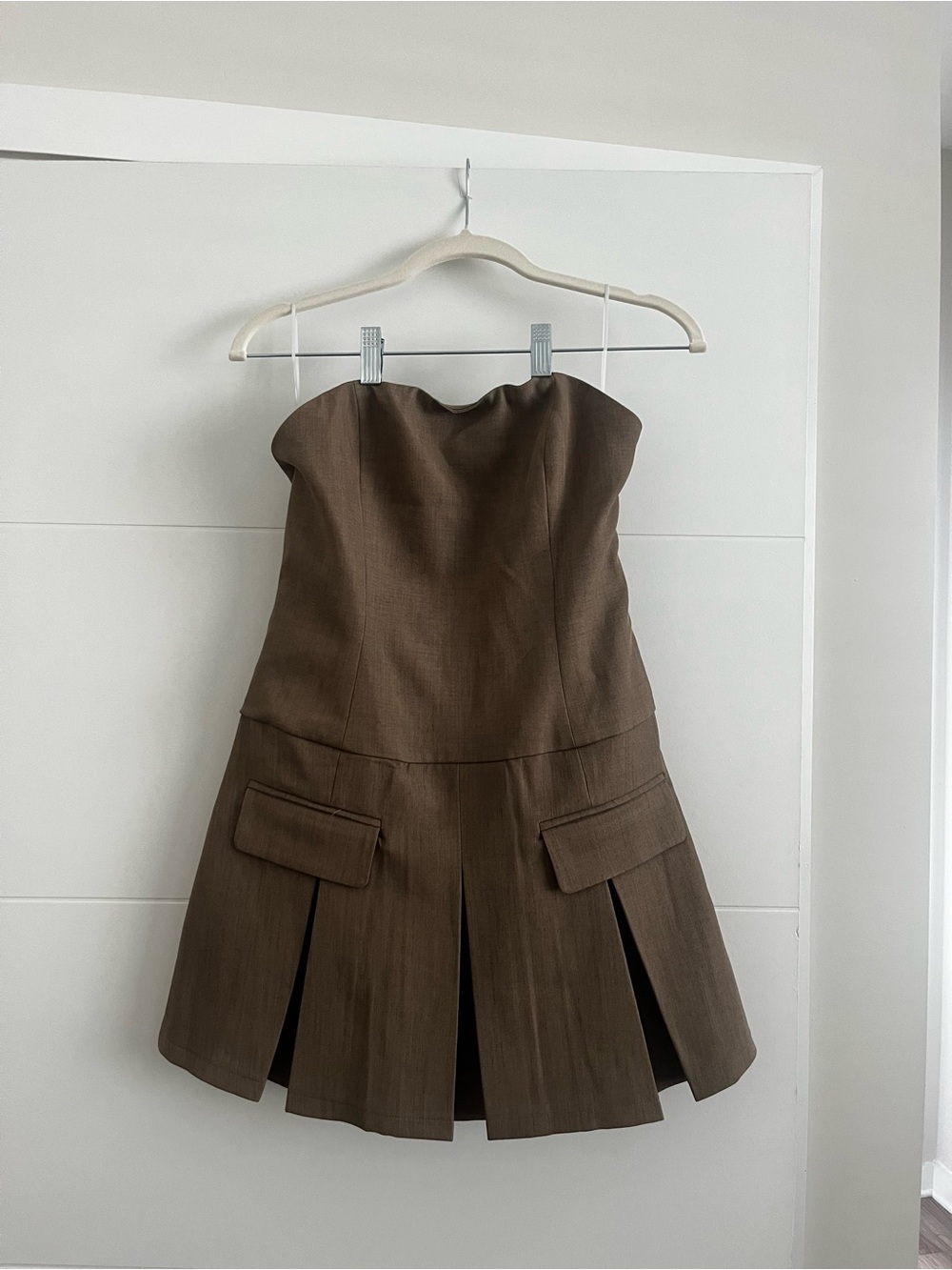 Peppermayo Strapless Brown Pleated Mini Dress